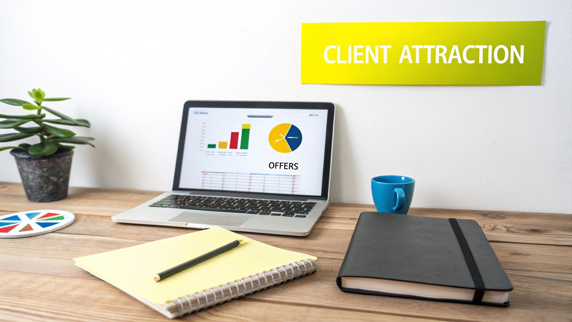 A laptop displays marketing charts and "OFFERS" on a desk, next to a plant, mug, and "CLIENT ATTRACTION" sign.