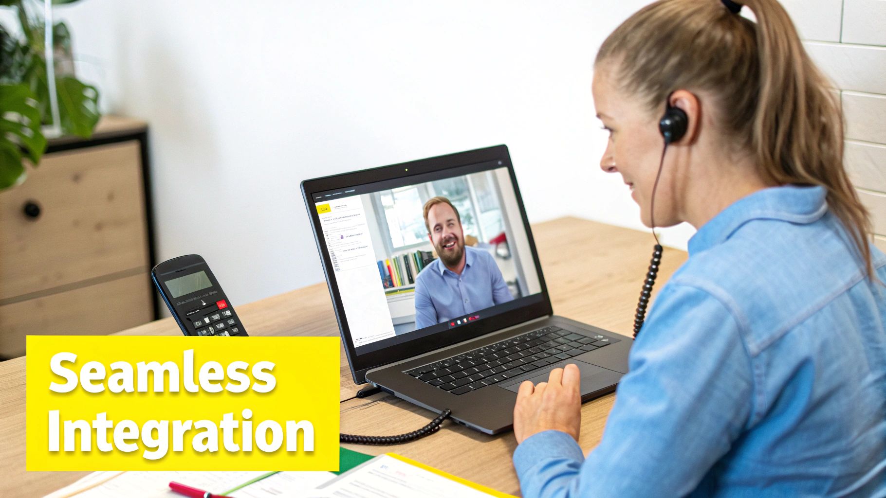 A woman in a blue shirt is on a video call with a man on her laptop, showcasing seamless integration.