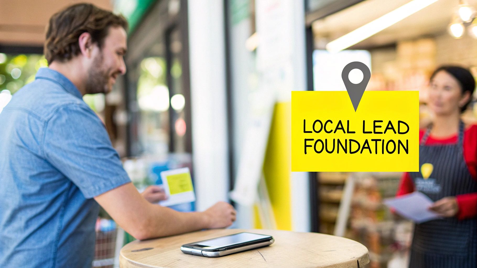 A man stands at a wooden table in a local shop, with a smartphone and a 'LOCAL LEAD FOUNDATION' sign.
