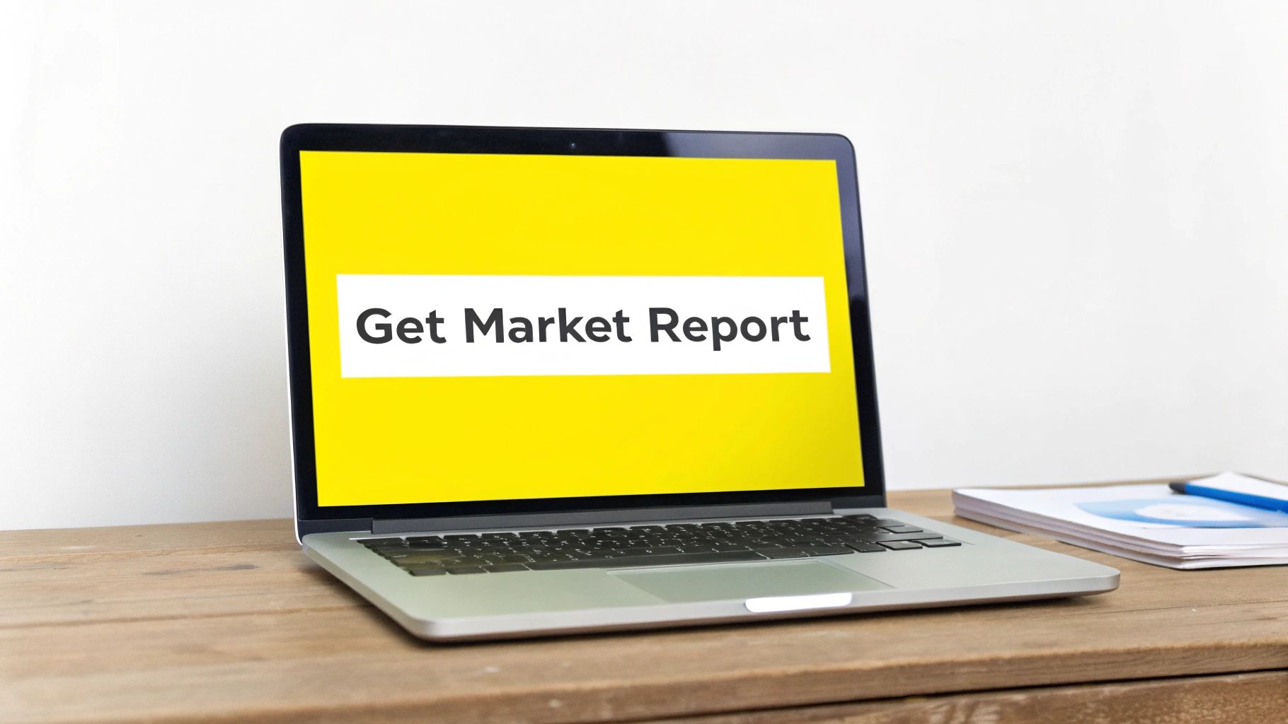 A silver laptop on a wooden desk, displaying 'Get Market Report' against a bright yellow background.