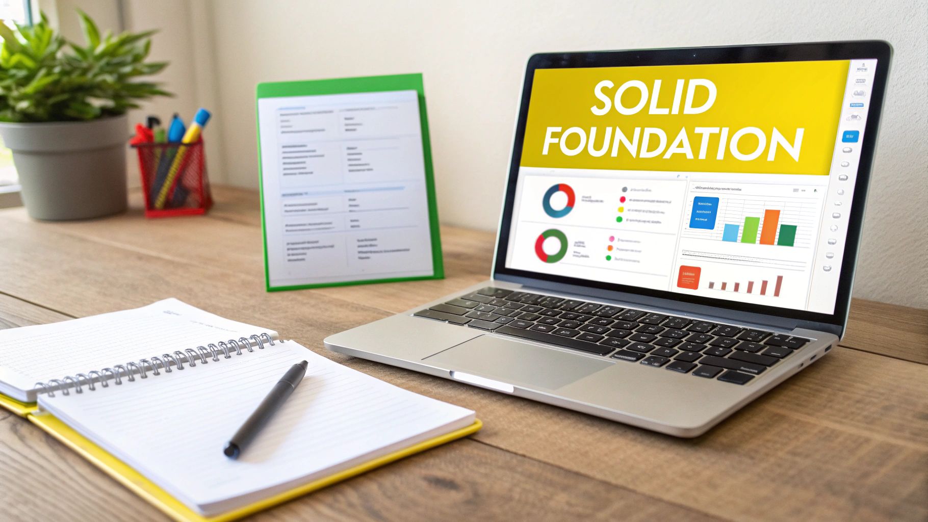 A laptop on a wooden desk displays 'SOLID FOUNDATION' with business charts, next to a notebook and a plant.