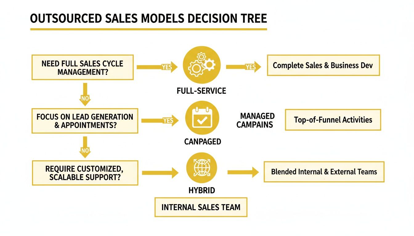 A decision tree flow chart for choosing outsourced sales models based on business needs.