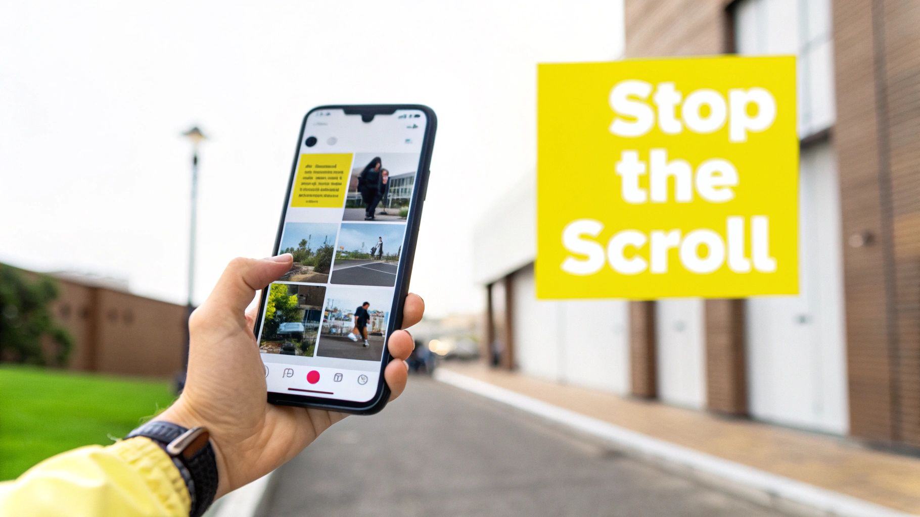 A hand holds a smartphone displaying an Instagram-like feed, with a bright yellow "Stop the Scroll" sign in the background.