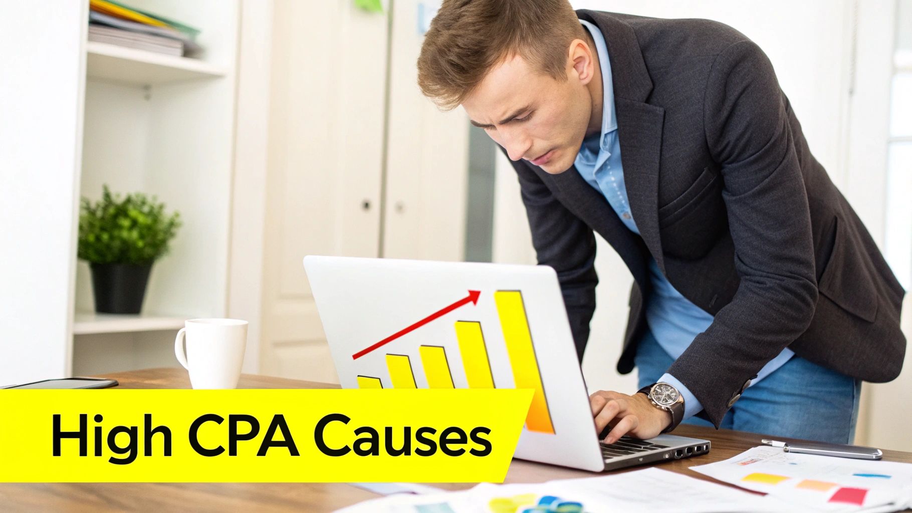 Man intently looking at a laptop displaying a growth chart, with "High CPA Causes" text overlay.