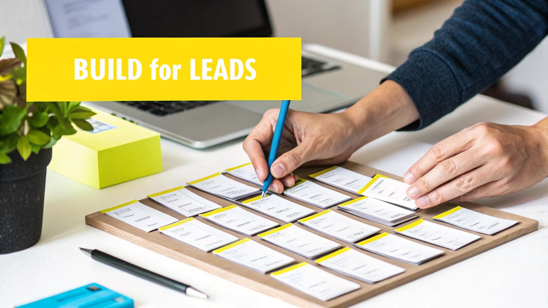 Hands interacting with lead generation cards on a wooden board, with a laptop and plant.