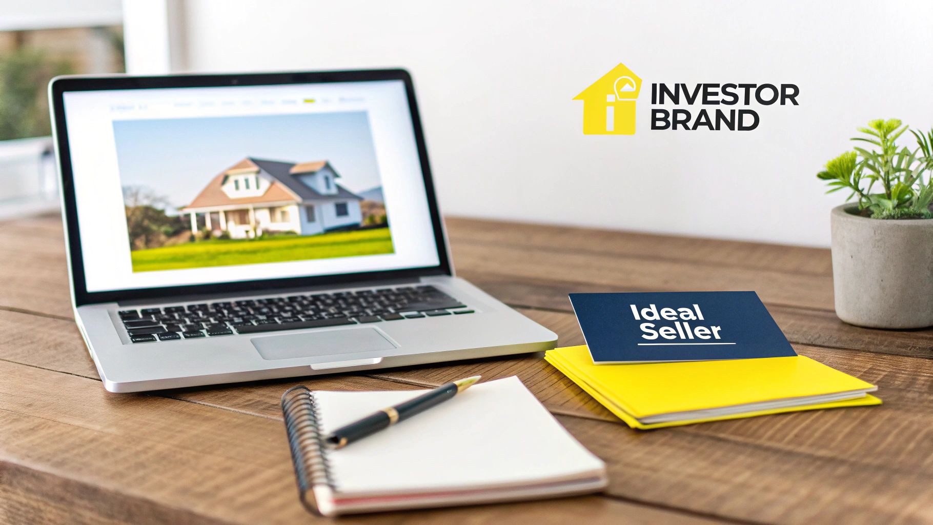 A real estate investor's desk with a laptop displaying a house, a notebook, and an 'Ideal Seller' business card.