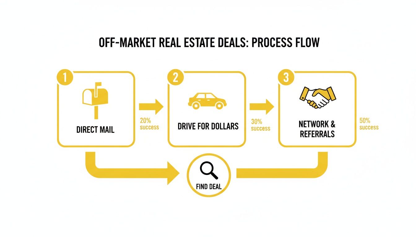 Flowchart detailing three strategies to find off-market real estate deals: direct mail, drive for dollars, and network.