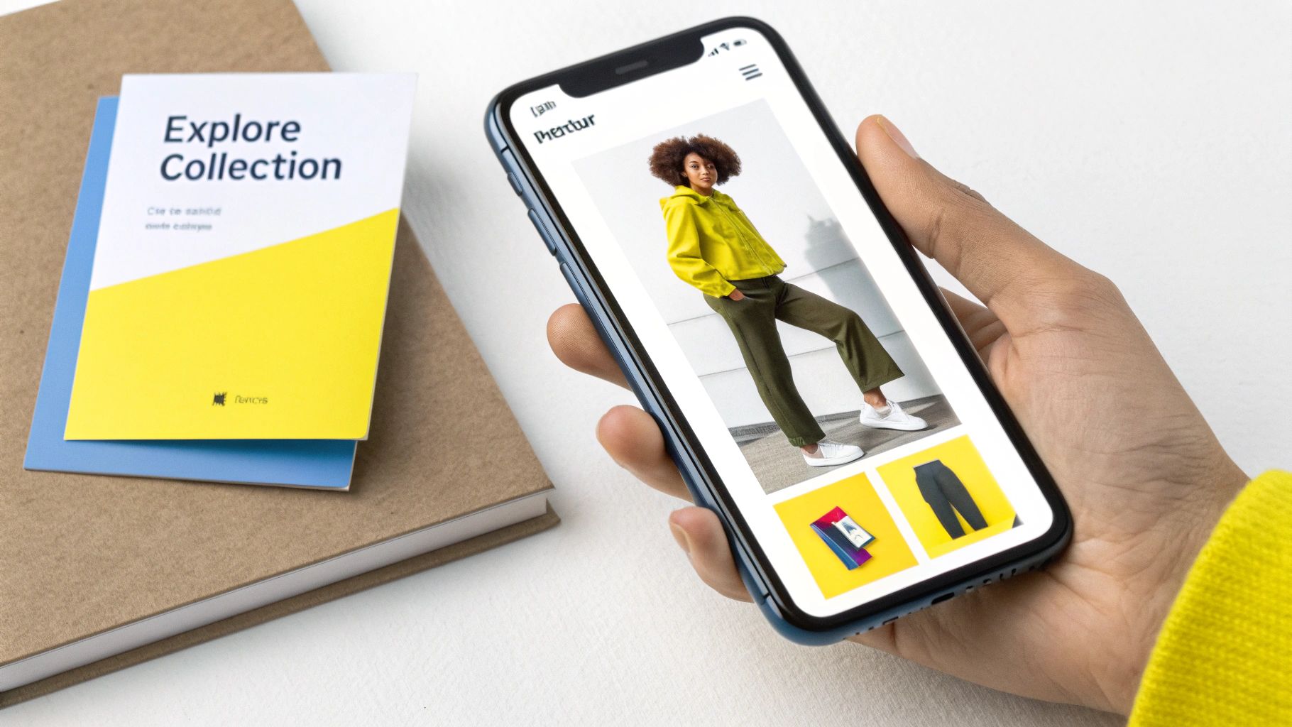 A hand holds a smartphone displaying a fashion e-commerce store next to an 'Explore Collection' booklet.