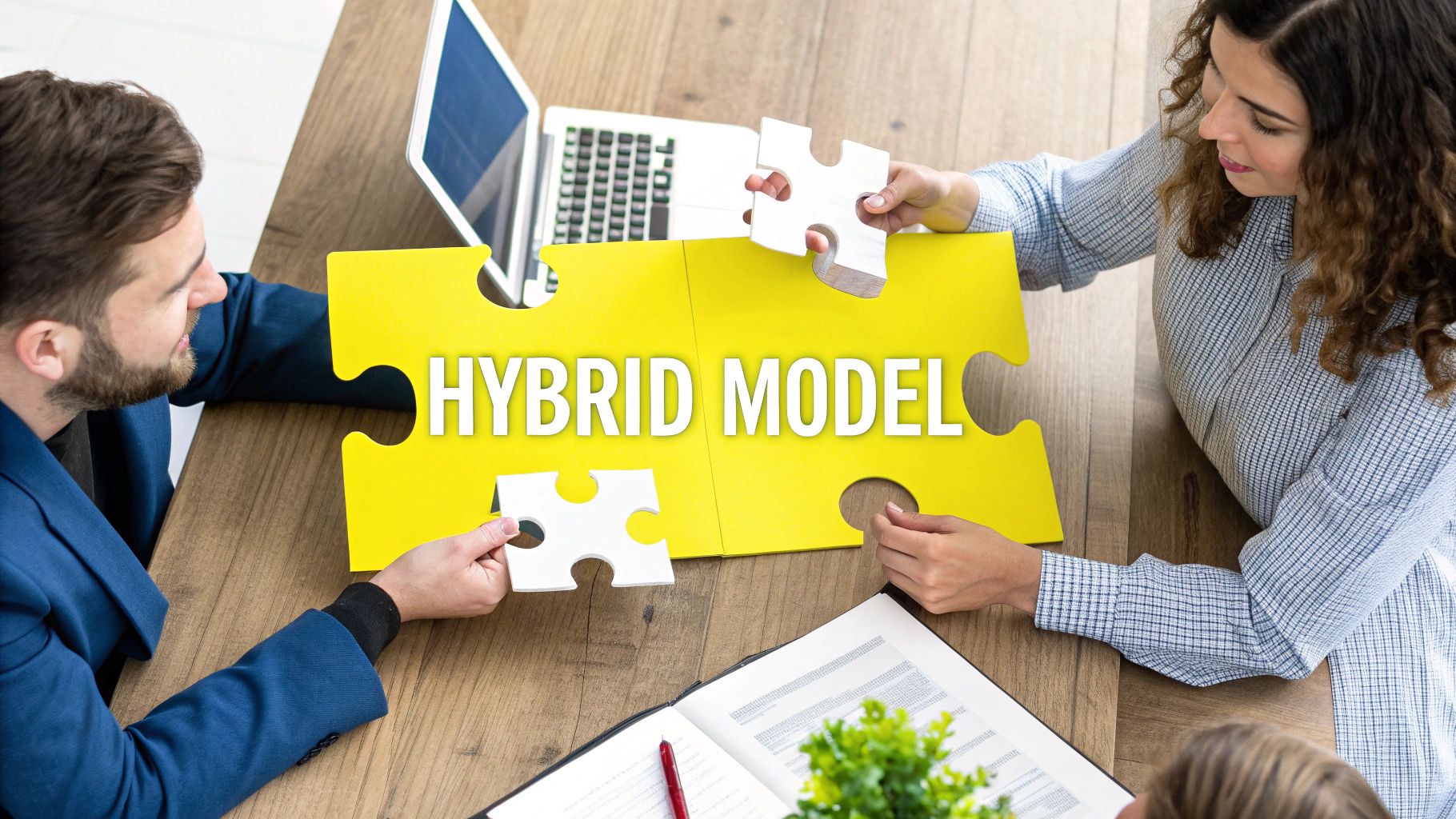 Two professionals collaboratively assembling a 'HYBRID MODEL' puzzle, representing a business strategy.