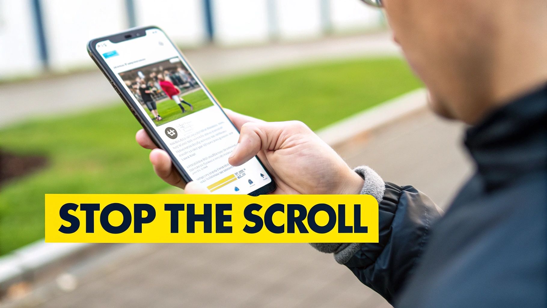 A person holds a smartphone displaying a social media feed, overlaid with 'STOP THE SCROLL' text.