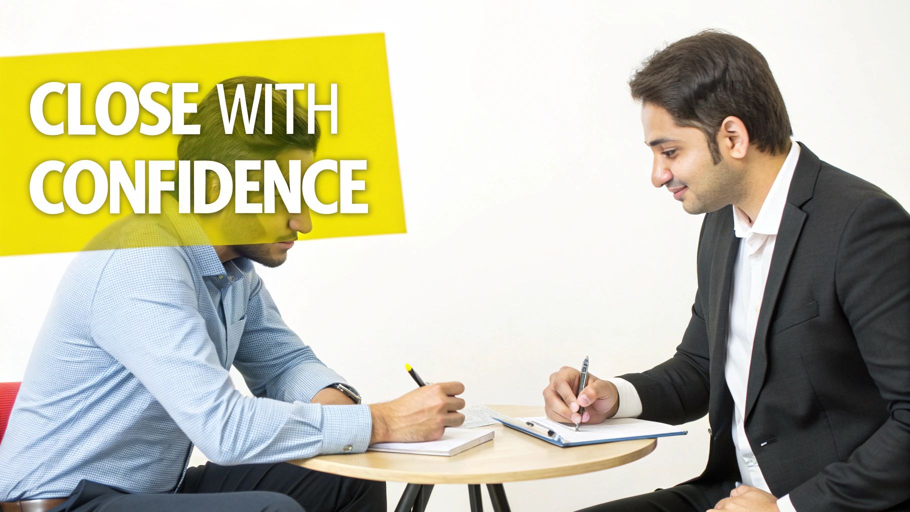 Two professionals in a business meeting, writing notes, with 'CLOSE WITH CONFIDENCE' text on a yellow banner.
