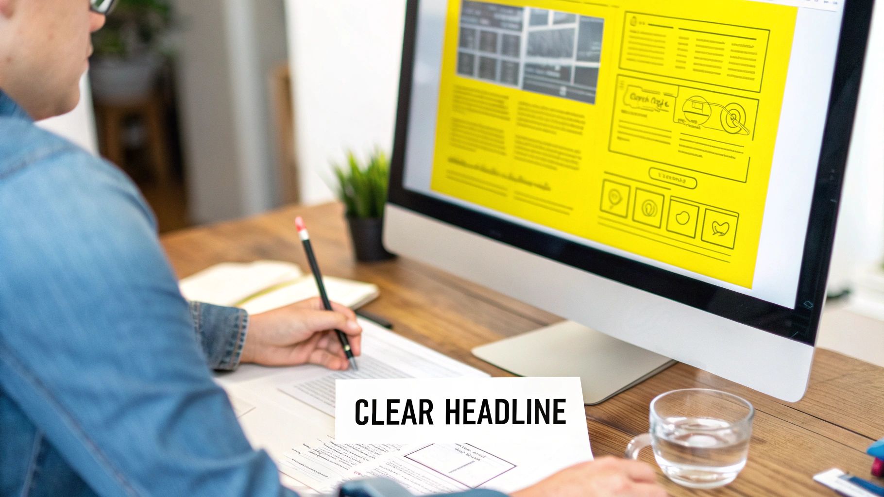 Over-the-shoulder view of a person reviewing a bright yellow website wireframe on a computer while taking notes.