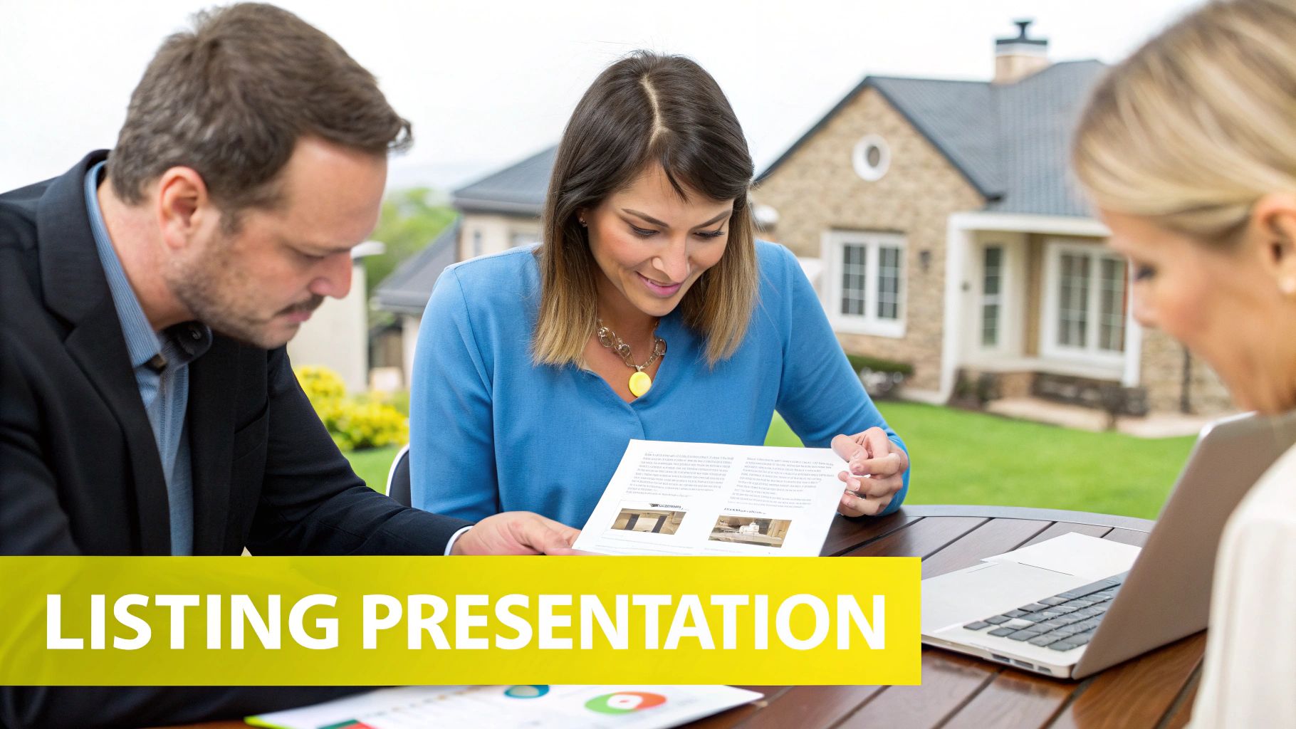 Three real estate professionals discuss a listing presentation document outdoors with a house in the background.
