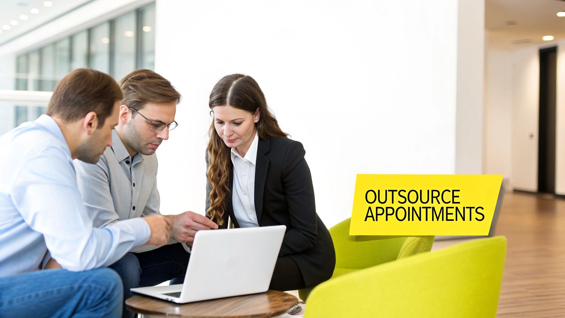 Three business professionals collaborating on a laptop in a modern office, with a banner for 'Outsource Appointments'.