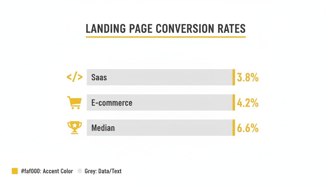 Bar chart displaying landing page conversion rates for Saas, E-commerce, and the overall median.