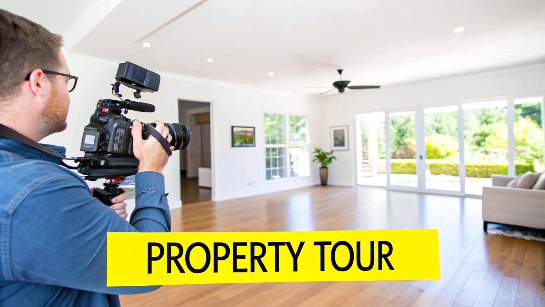 A person filming an empty house with a camera, creating a property tour video.