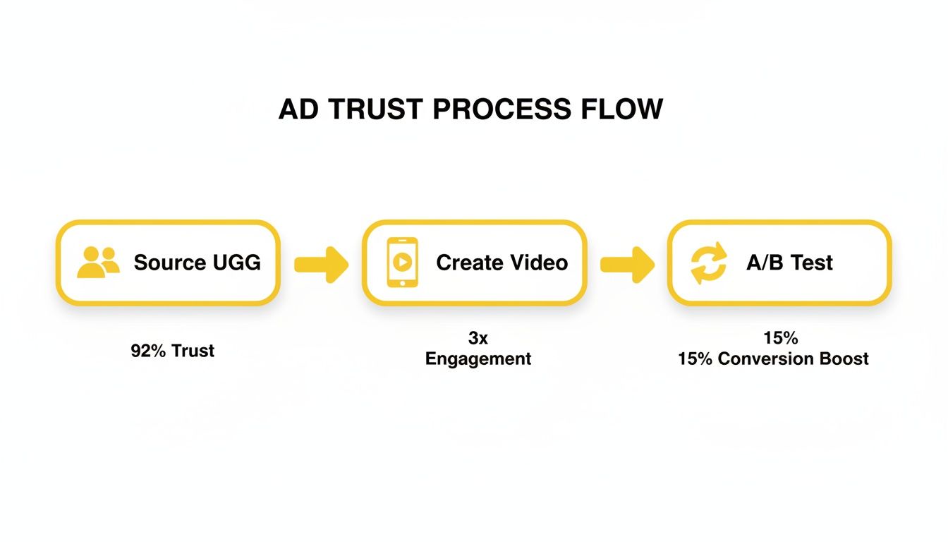 Ad Trust Process Flow illustrating steps for sourcing UGG, creating videos, and A/B testing with performance metrics.