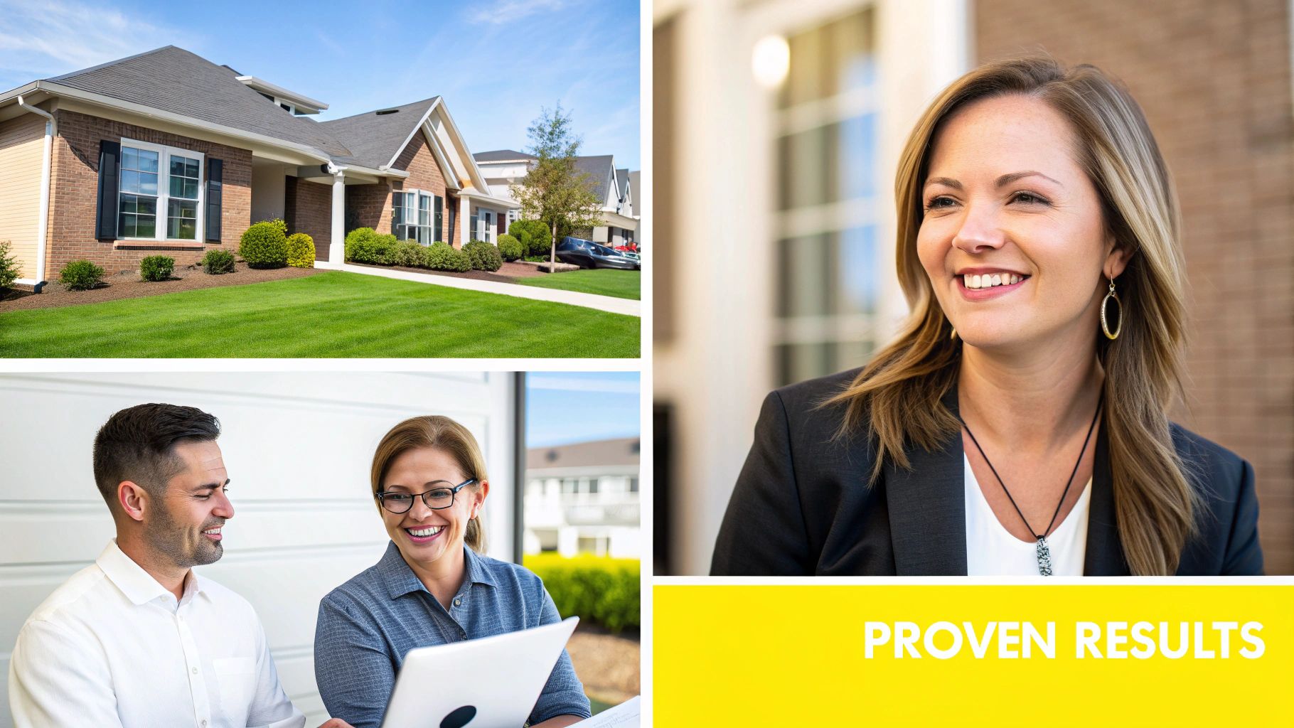 Collage showing a suburban house, happy business people, and 'PROVEN RESULTS' text on a yellow banner.