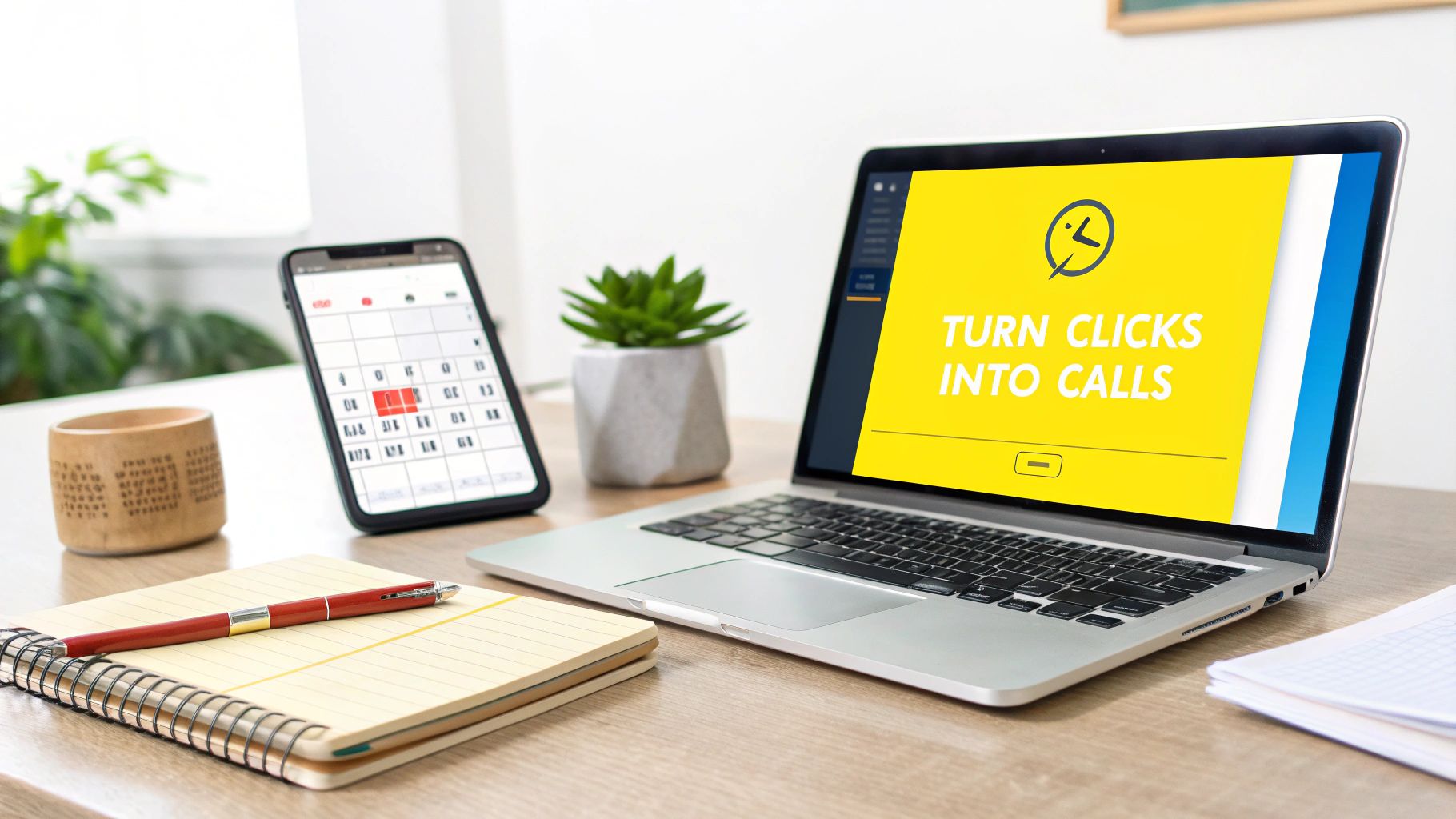 A modern workspace with a laptop displaying 'Turn Clicks into Calls', a smartphone, notebook, and plant.