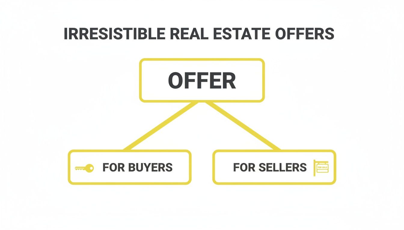 A diagram titled 'Irresistible Real Estate Offers' branching to 'For Buyers' and 'For Sellers'.