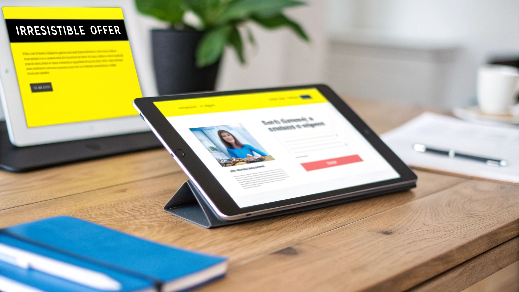 Two tablets on a wooden desk displaying 'Irresistible Offer' and a woman on a webpage, promoting e-commerce.