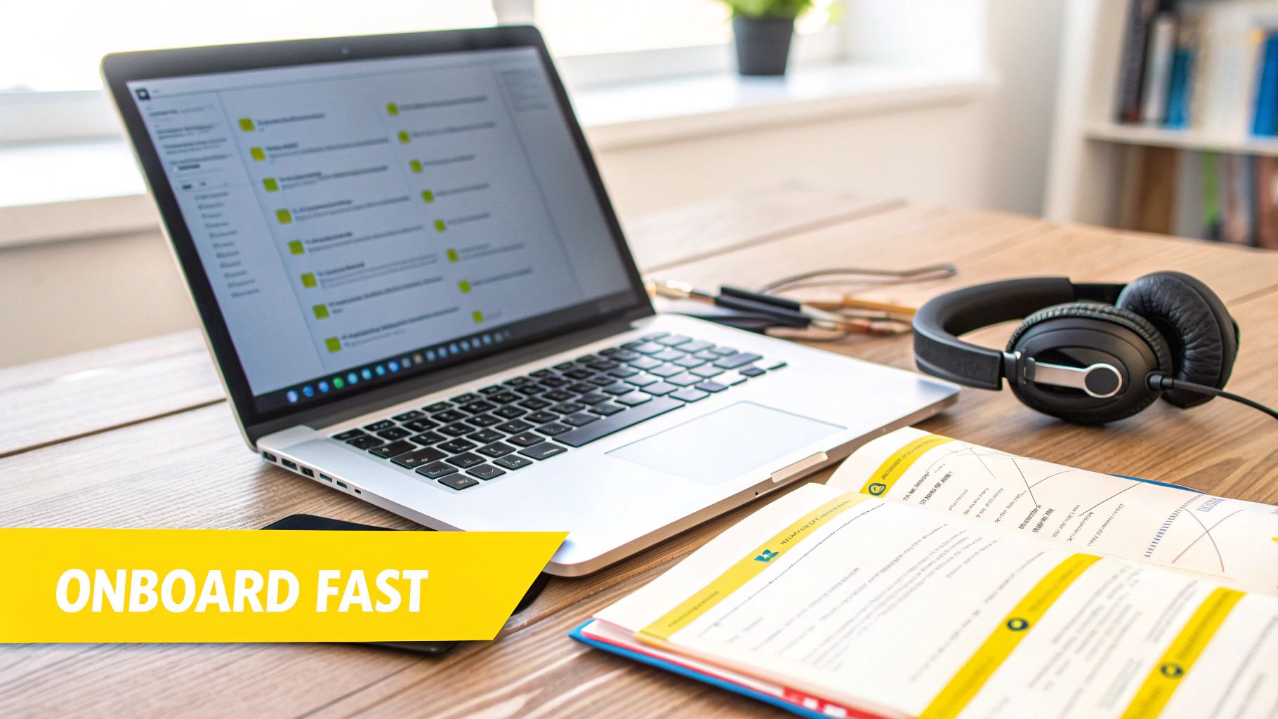A laptop, headphones, and an open book are on a wooden desk, promoting fast onboarding.