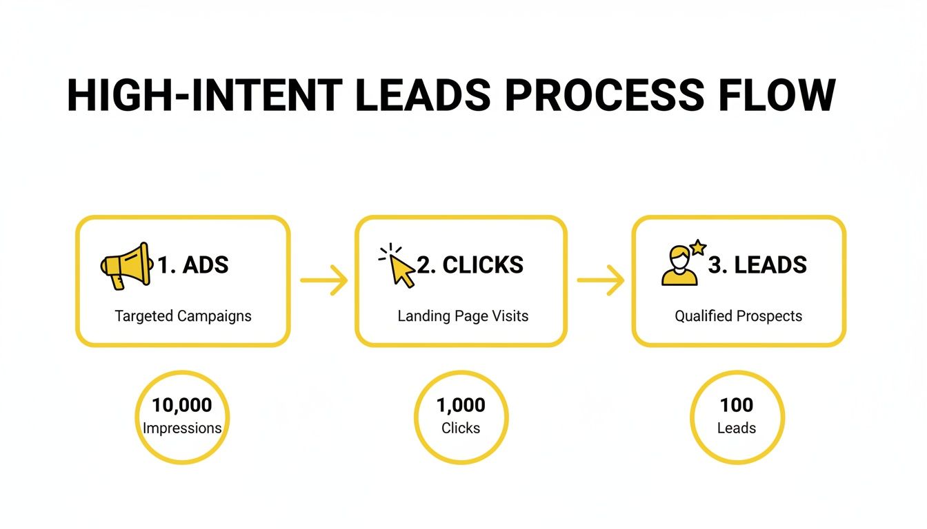 High-intent leads process flow illustrating ads, clicks, and leads conversion from impressions.