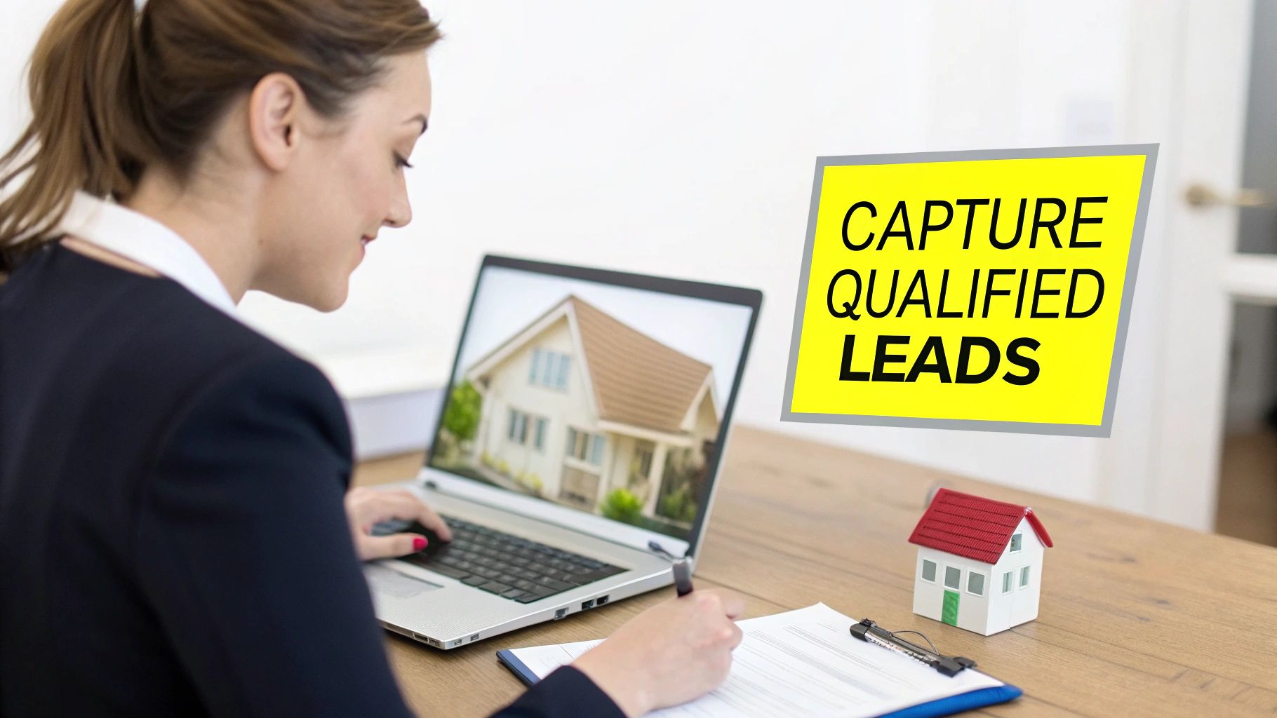 Woman realtor working on a laptop displaying a house, with a model house and a 'Capture Qualified Leads' sign.