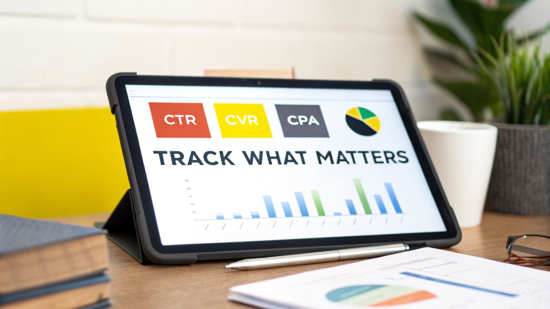 A tablet on a desk displays "Track What Matters" with CTR, CVR, CPA metrics and a bar chart.
