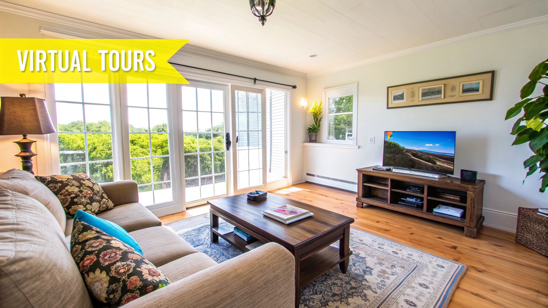 A bright living room with a couch, coffee table, TV, and outdoor view, highlighted by a 'VIRTUAL TOURS' banner.