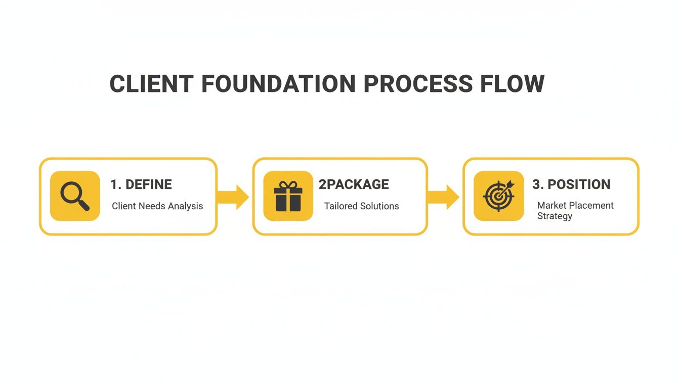 A three-step client foundation process flow diagram showing define, package, and position stages.