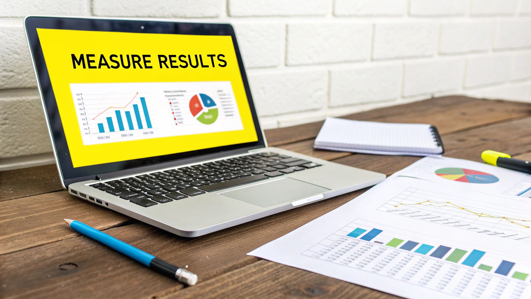 A laptop displays 'MEASURE RESULTS' with charts, beside paper reports, a pen, and a marker on a wooden desk.