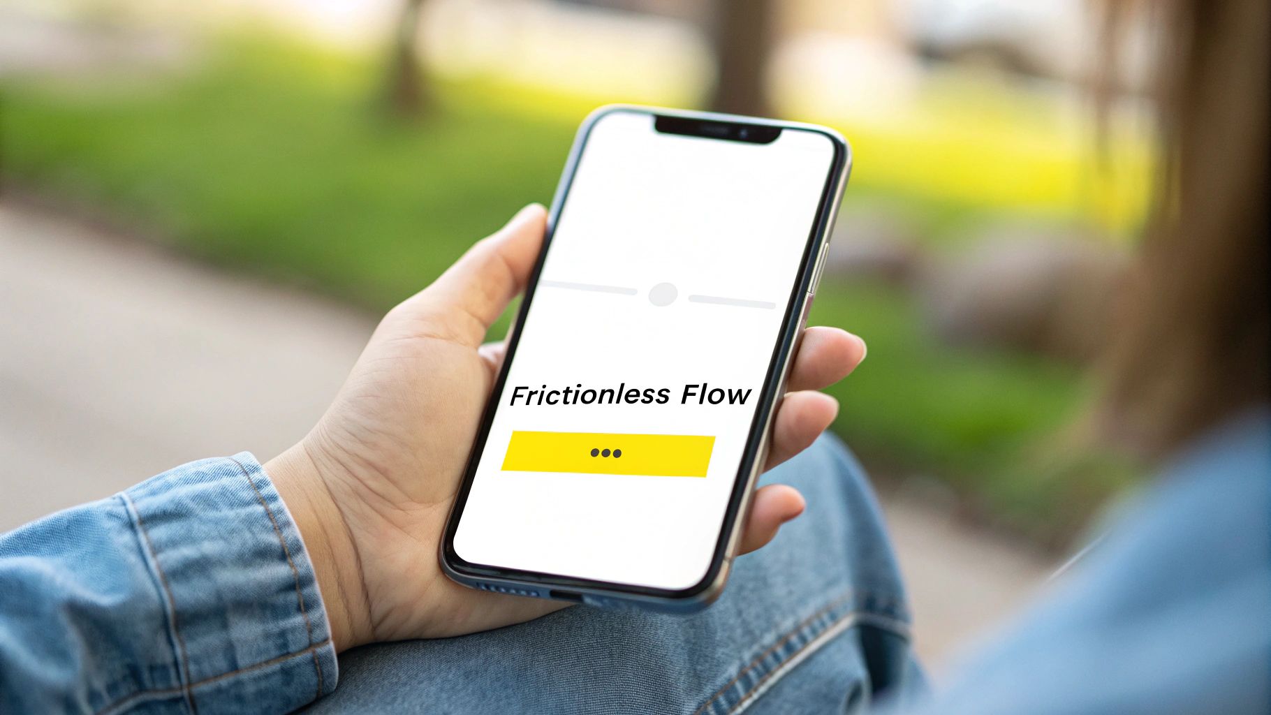 A person holds a smartphone displaying 'Frictionless Flow' text and a yellow button outdoors.