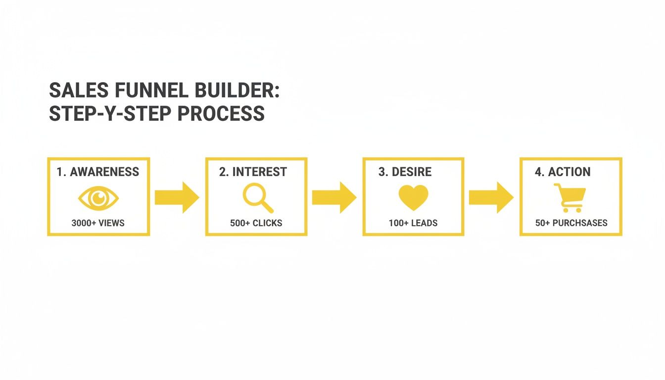A step-by-step sales funnel process showing awareness, interest, desire, and action stages.