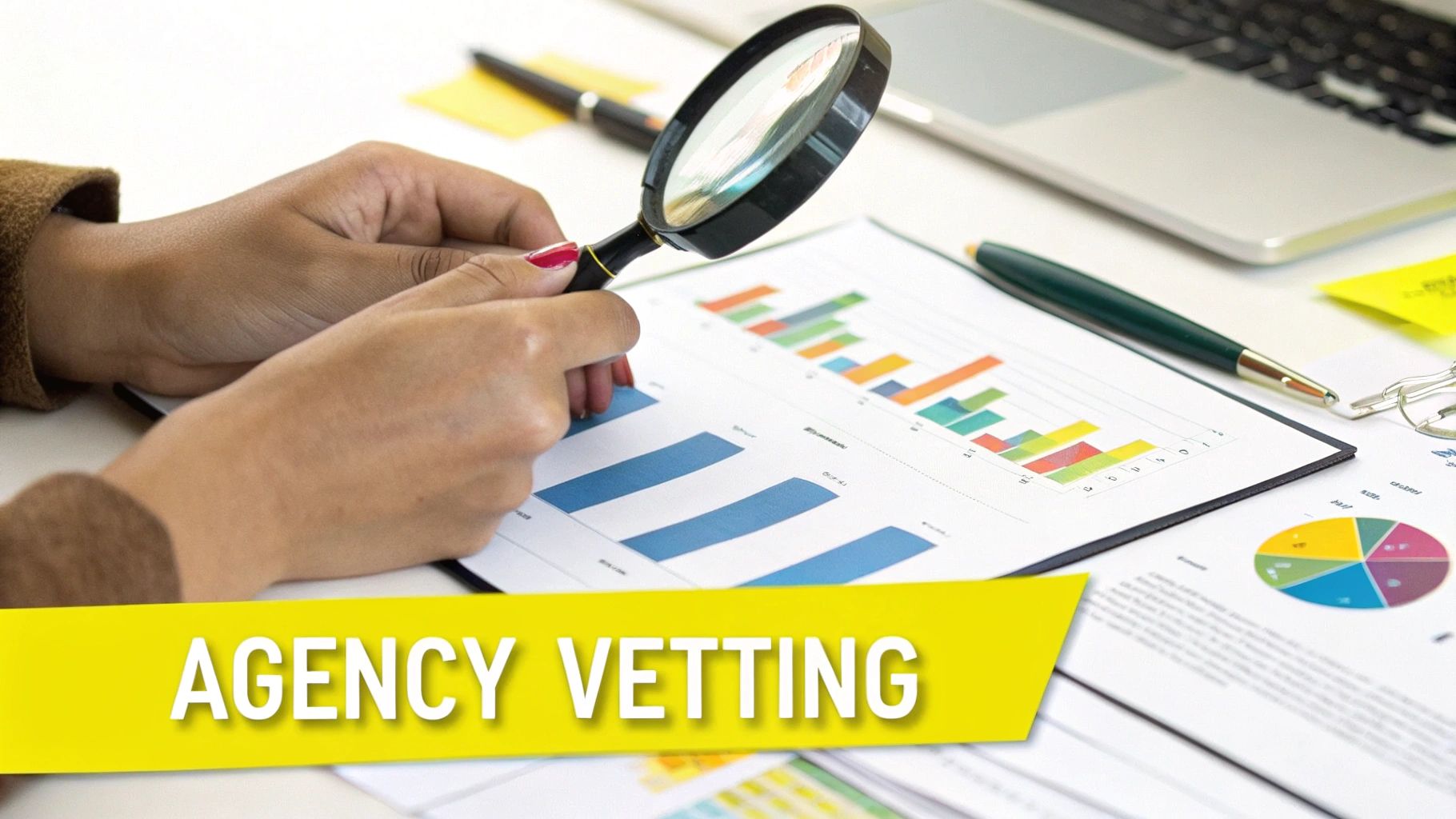 Hands using a magnifying glass to review business charts and graphs with an 'AGENCY VETTING' banner.