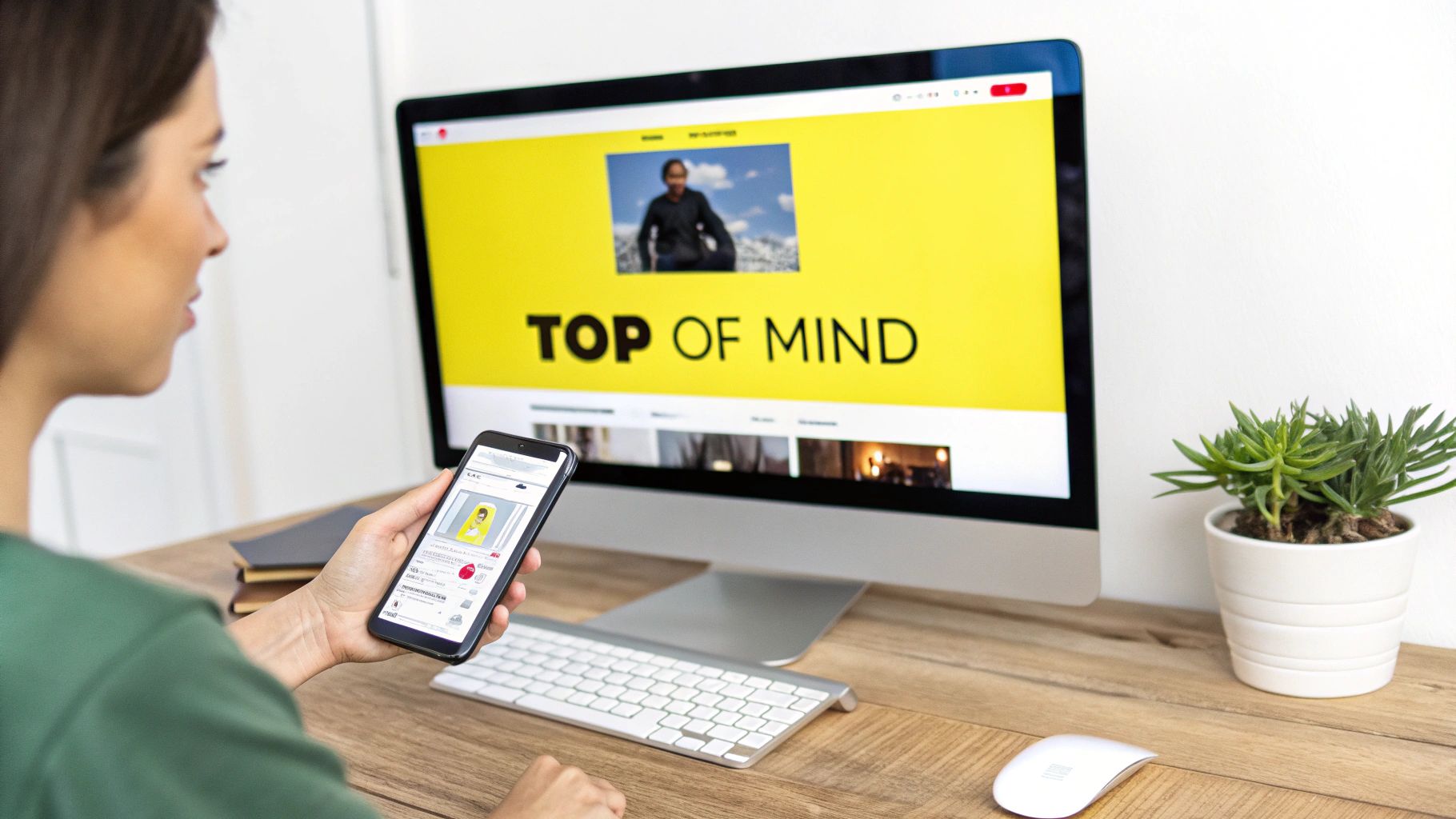 A woman simultaneously views a website on her smartphone and a desktop monitor, showing digital engagement.