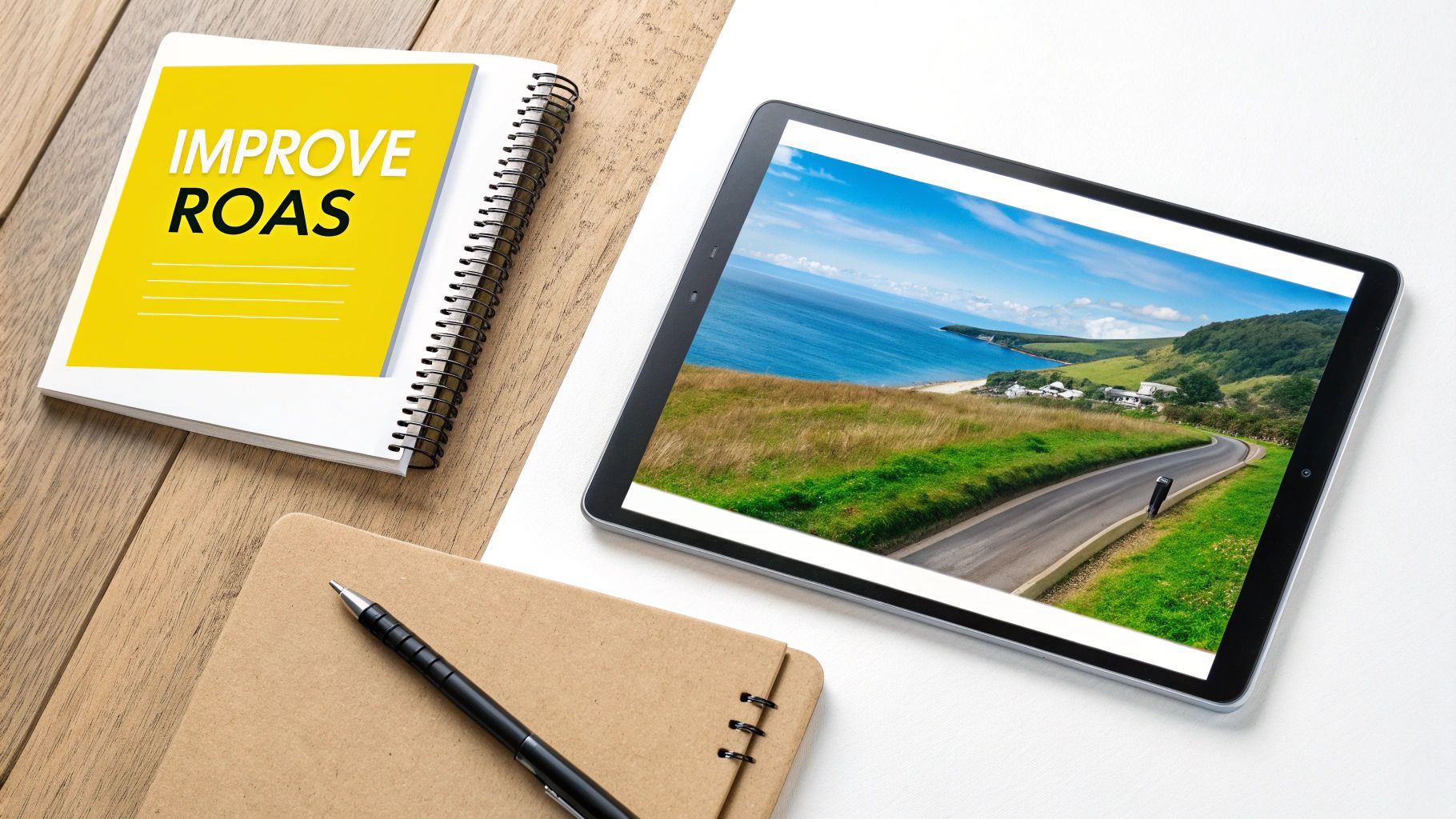 Digital marketing flat lay with 'IMPROVE ROAS' notebook, tablet displaying a scenic road, and a pen.
