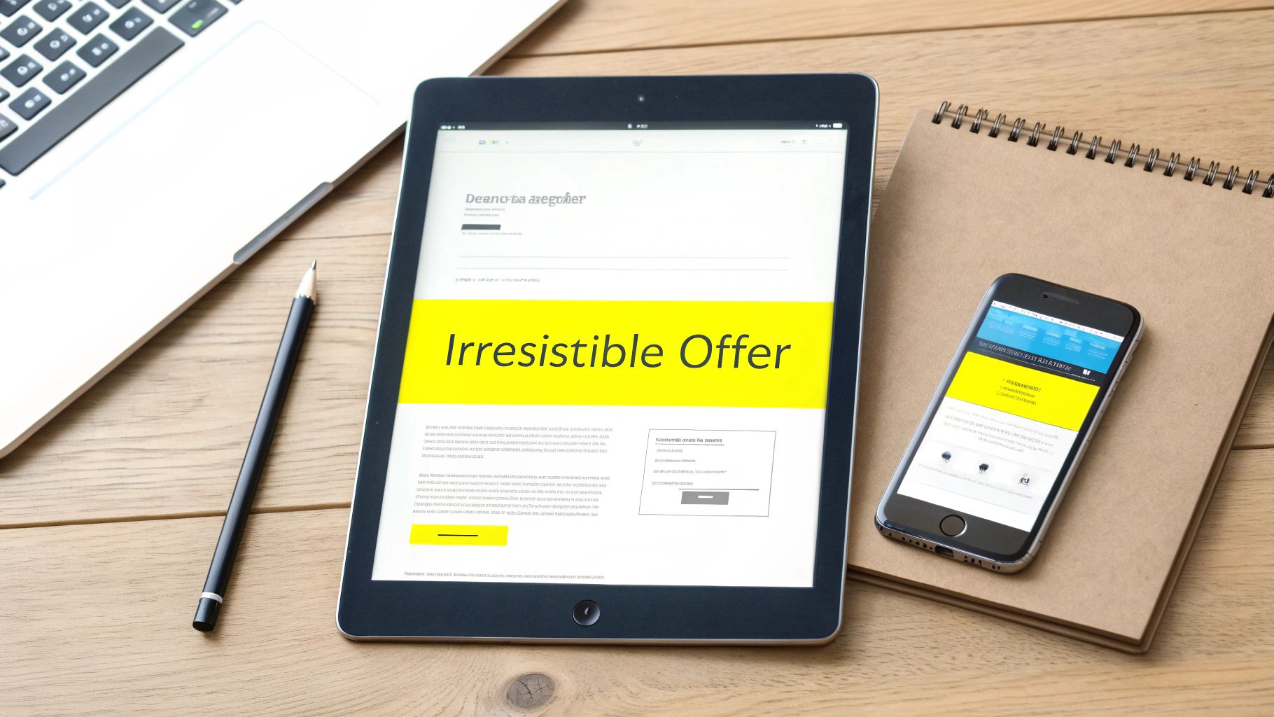 Flat lay of a desk with laptop, tablet, and smartphone, all displaying an 'Irresistible Offer' webpage.