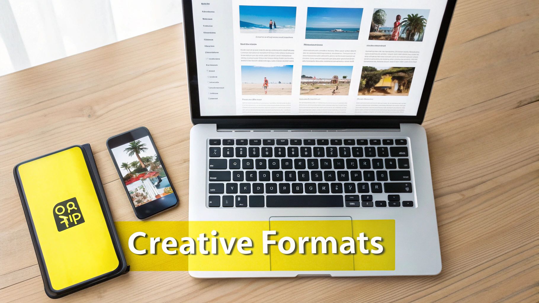 A laptop, smartphone, and yellow notebook on a wooden desk with an overlaid 'Creative Formats' banner.
