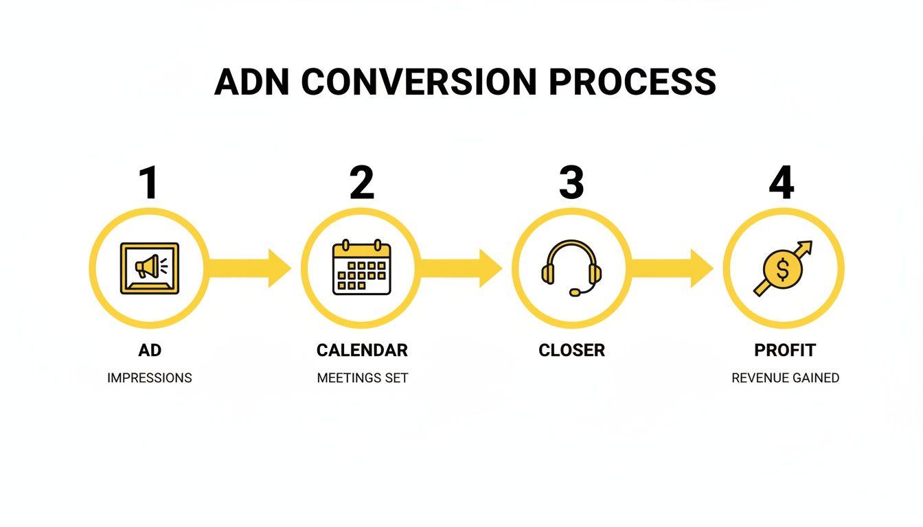 A diagram illustrating the ADN conversion process, detailing steps from ad impressions to revenue gained.