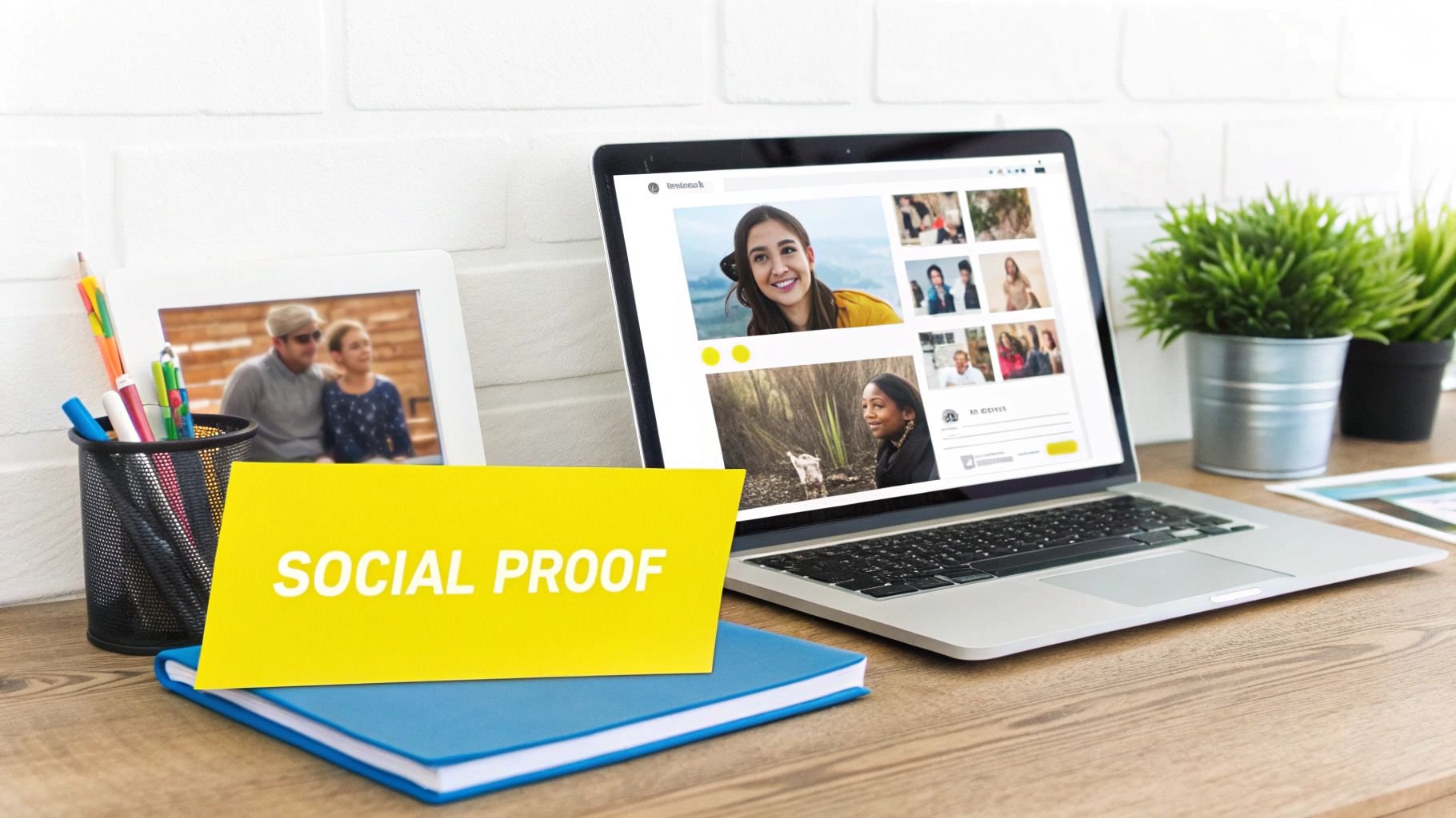 A yellow 'SOCIAL PROOF' sign in front of a laptop displaying social media profiles and photos on a desk.