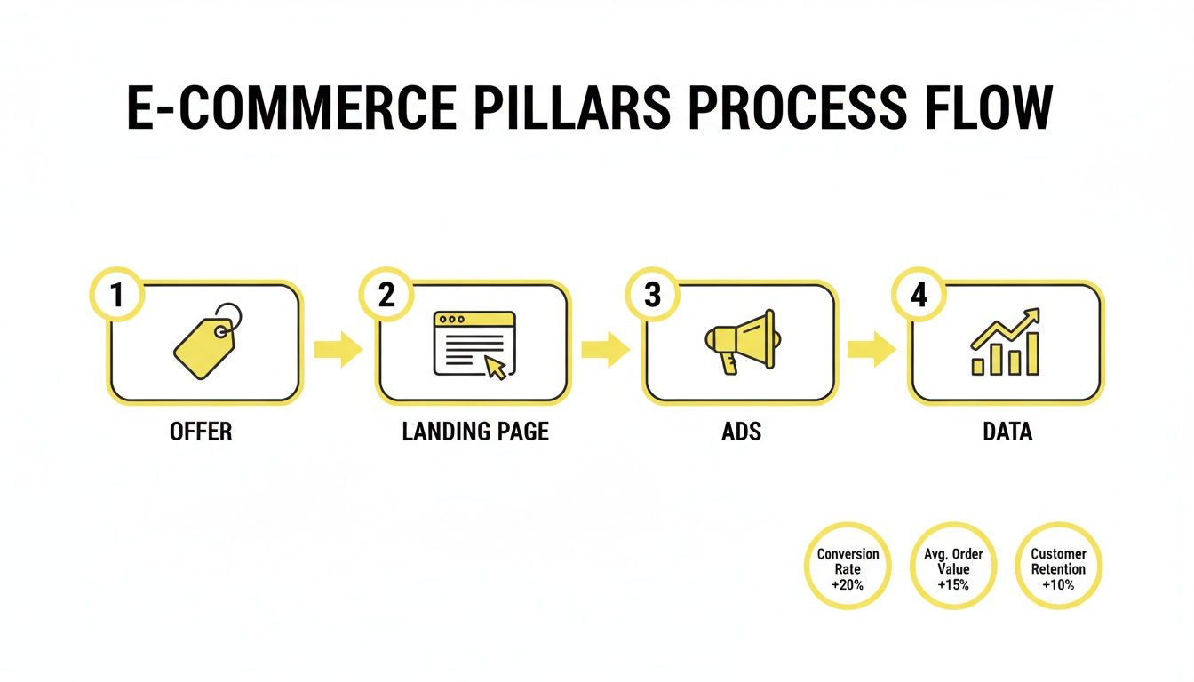 E-commerce pillars process flow showing steps from offer to data, resulting in improved conversion, order value, and customer retention.