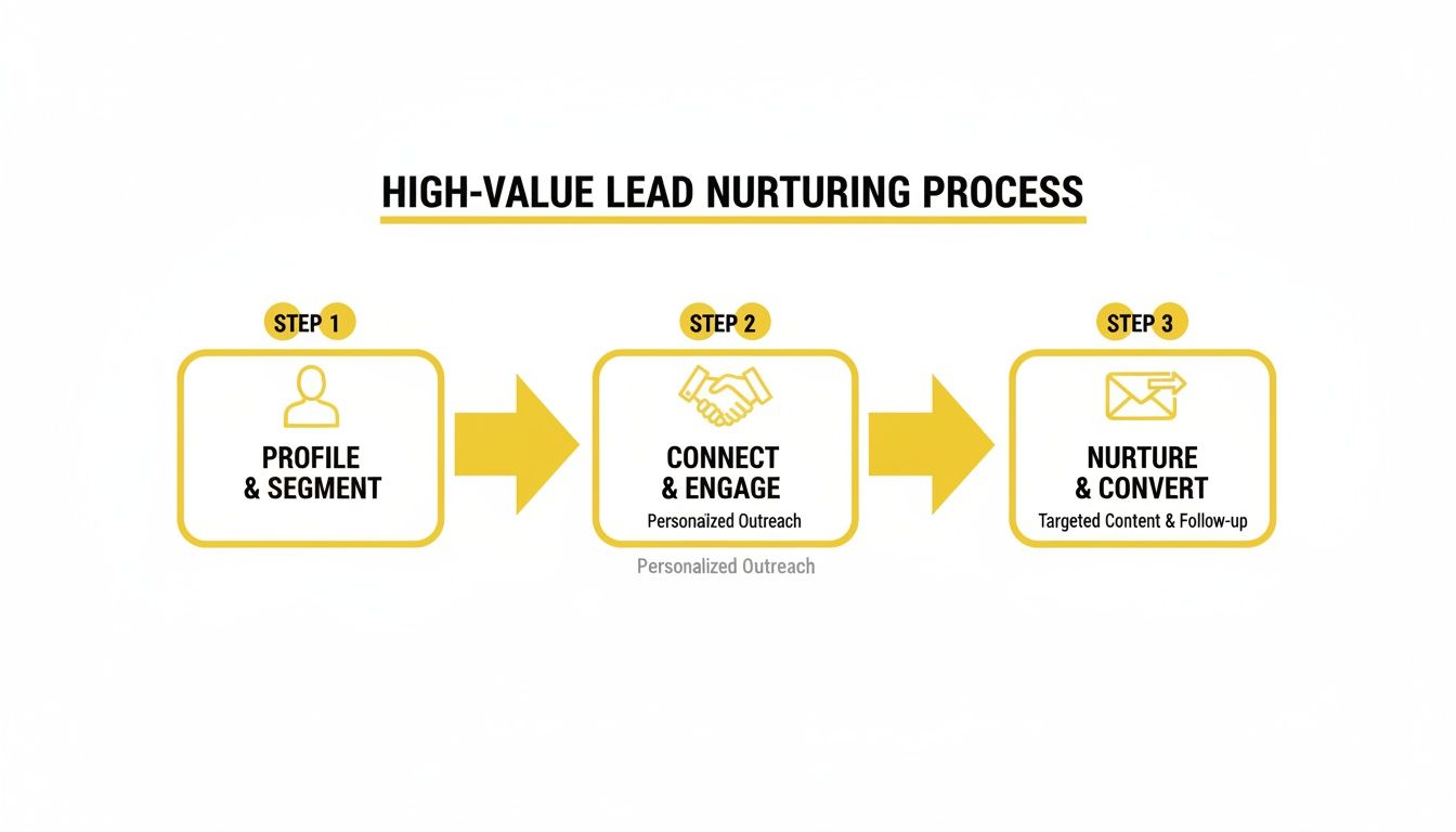 Diagram illustrating a high-value lead nurturing process with three steps: profile, connect, and nurture.