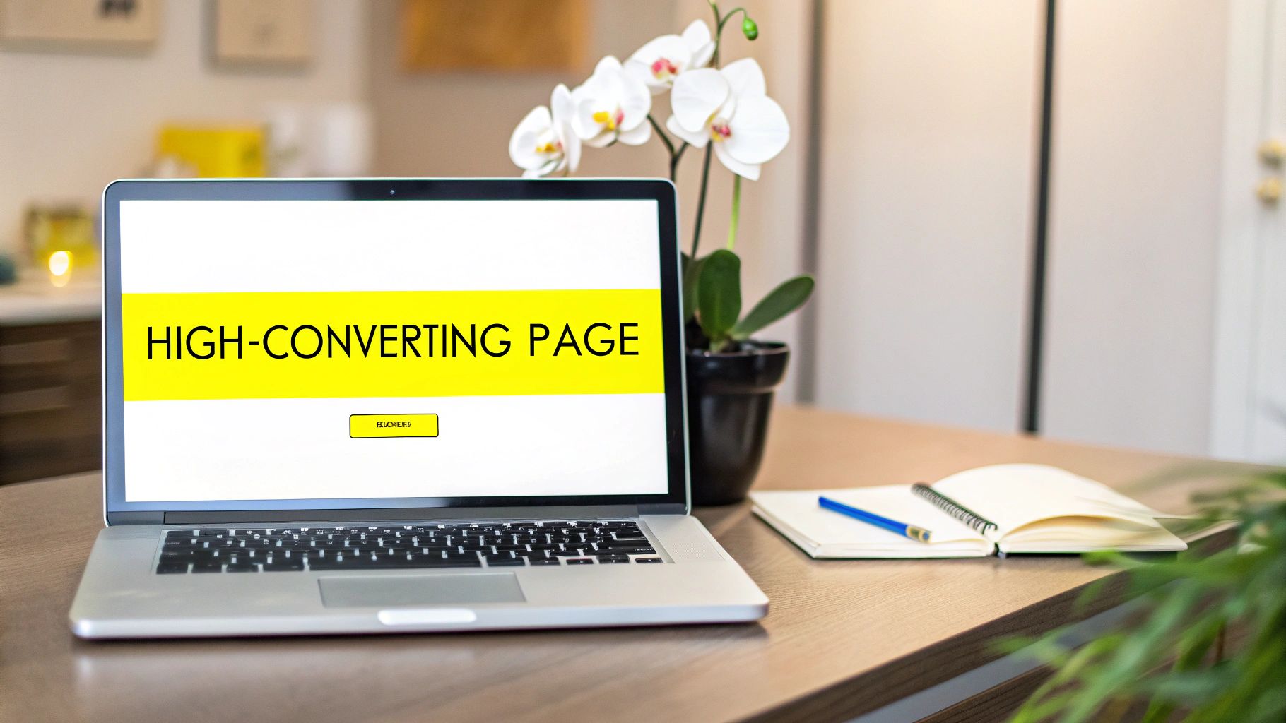 A laptop on a desk displays 'HIGH-CONVERTING PAGE' alongside an orchid and a notebook with a pen.