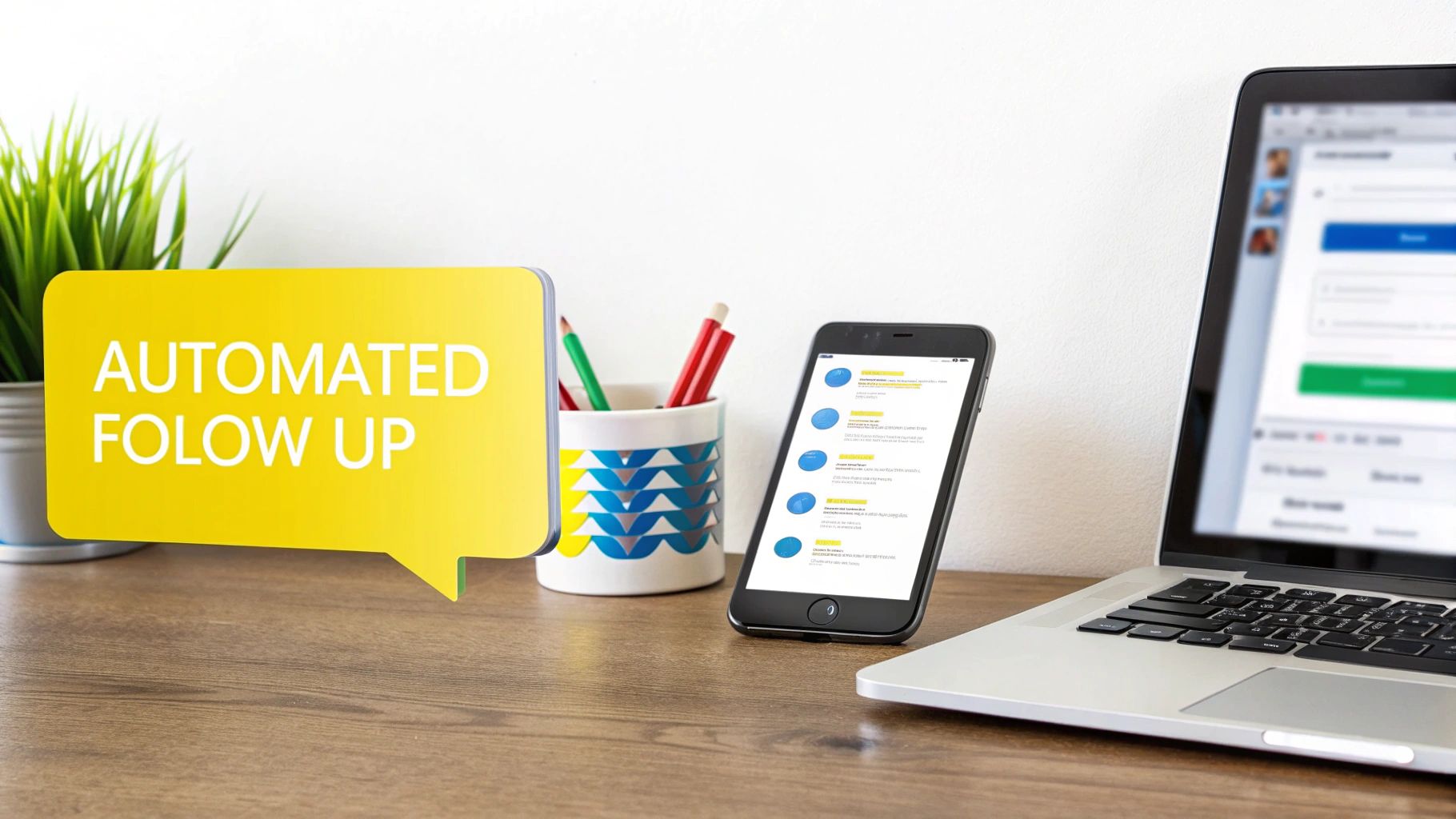 A desk setup with a laptop, smartphone, plant, and a speech bubble reading 'AUTOMATED FOLLOW UP'.