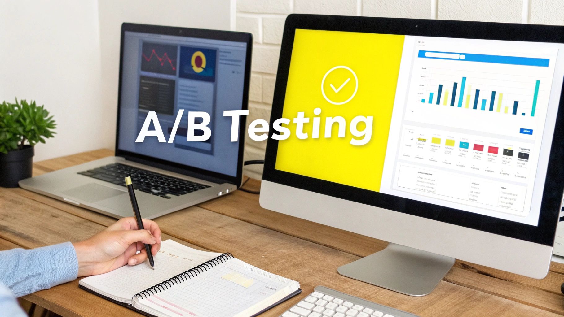 A person writing notes at a desk with a laptop and monitor displaying A/B testing data.