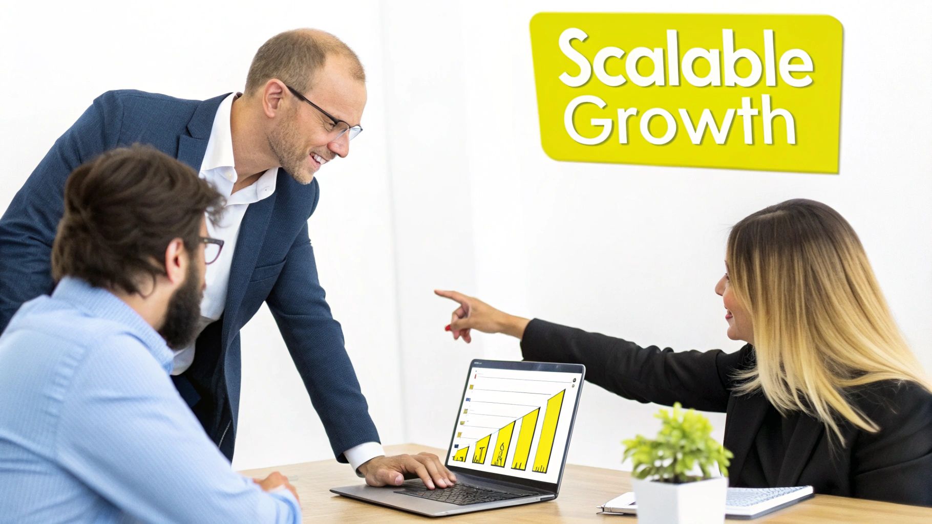Three business professionals discuss scalable growth strategies, pointing at a laptop displaying a rising bar chart.