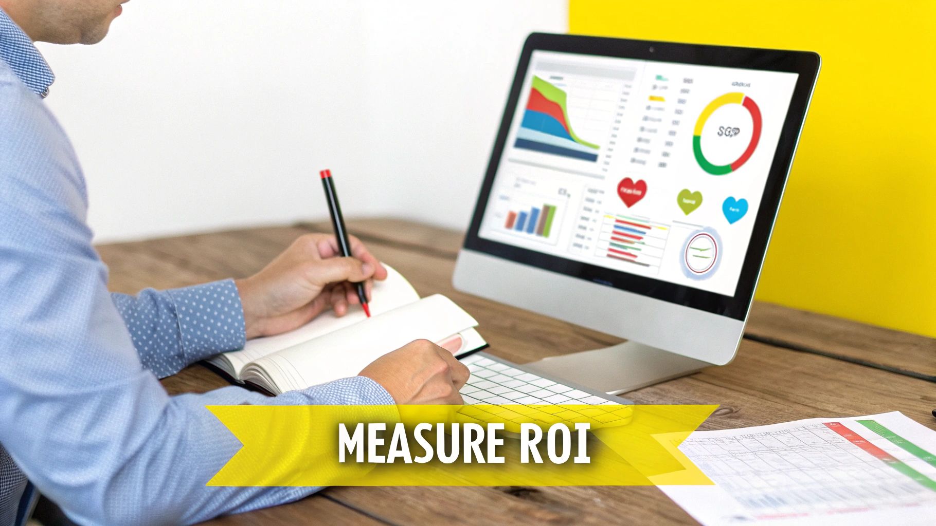 Professional measures ROI using a computer with data graphs and a notebook at a desk.