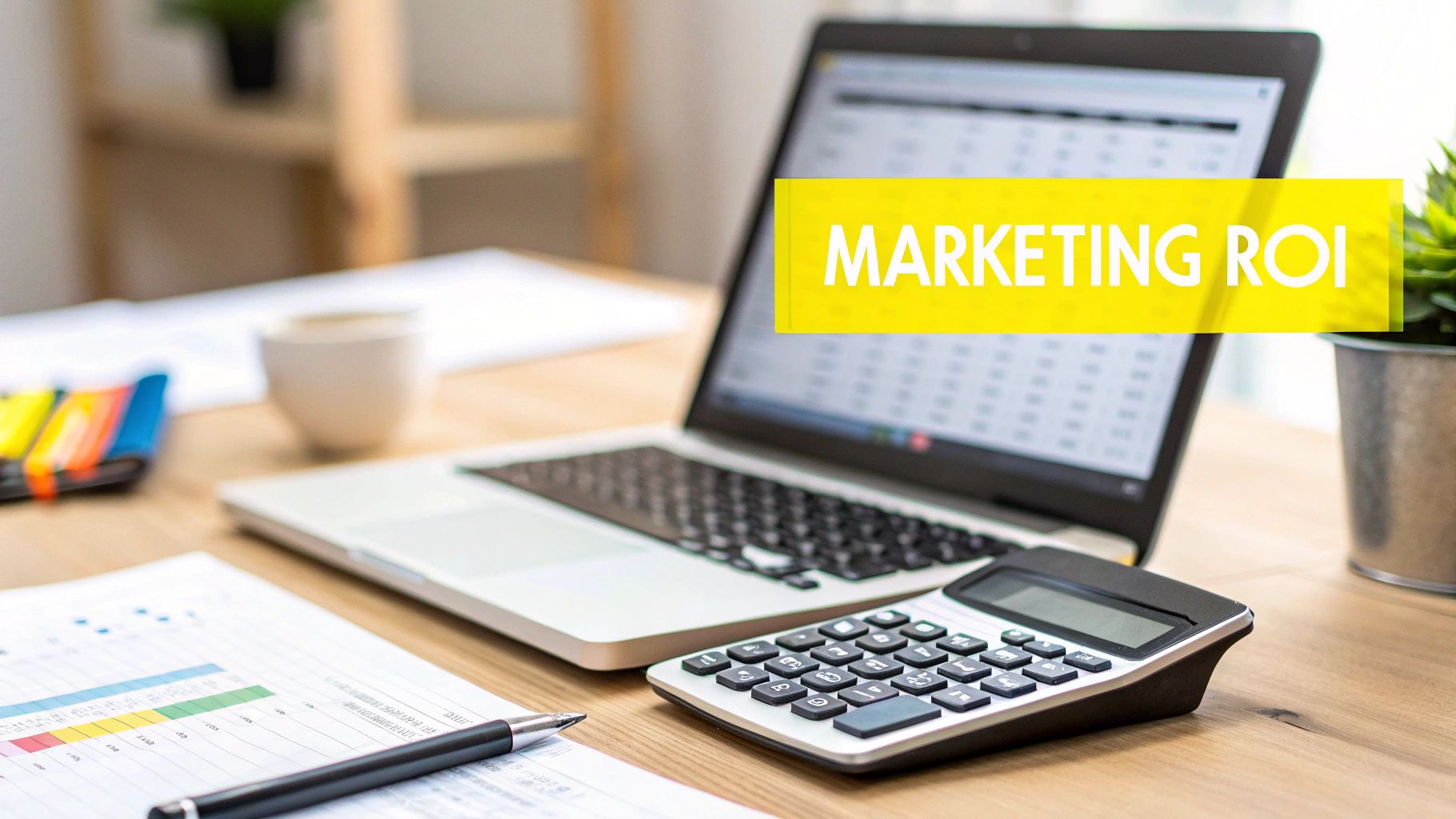 A desk with a laptop displaying 'MARKETING ROI', calculator, pen, and financial documents, suggesting business analysis.