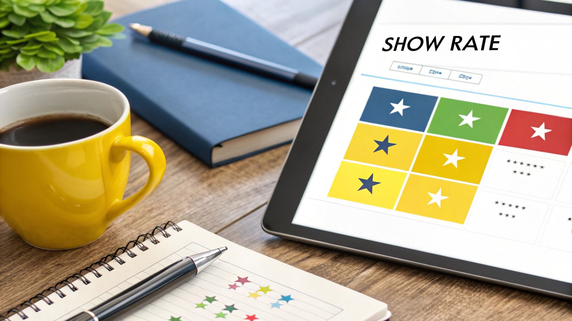 A desk with a yellow coffee mug, notebook, and a tablet displaying a 'SHOW RATE' dashboard with star ratings.